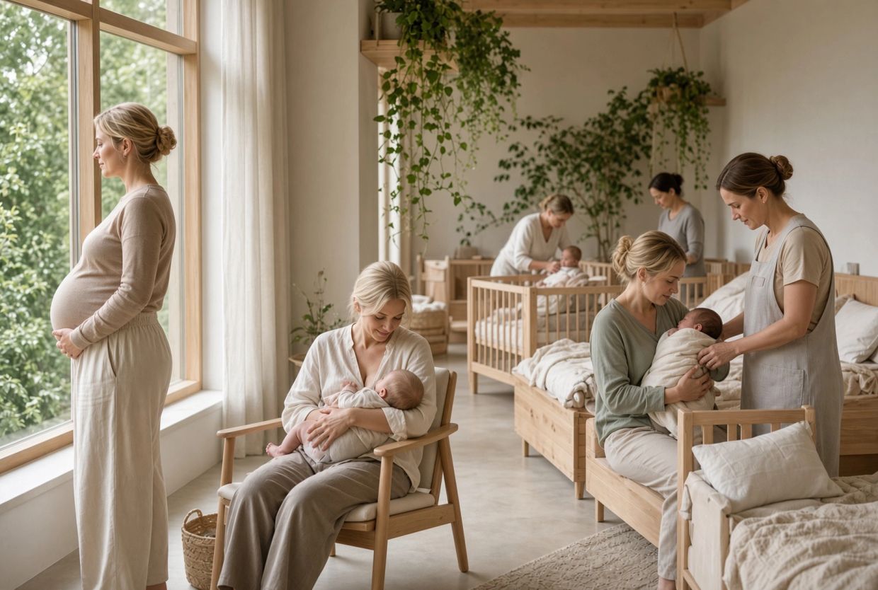 Mothers with newborns and a pregnant woman in a serene nursery.
