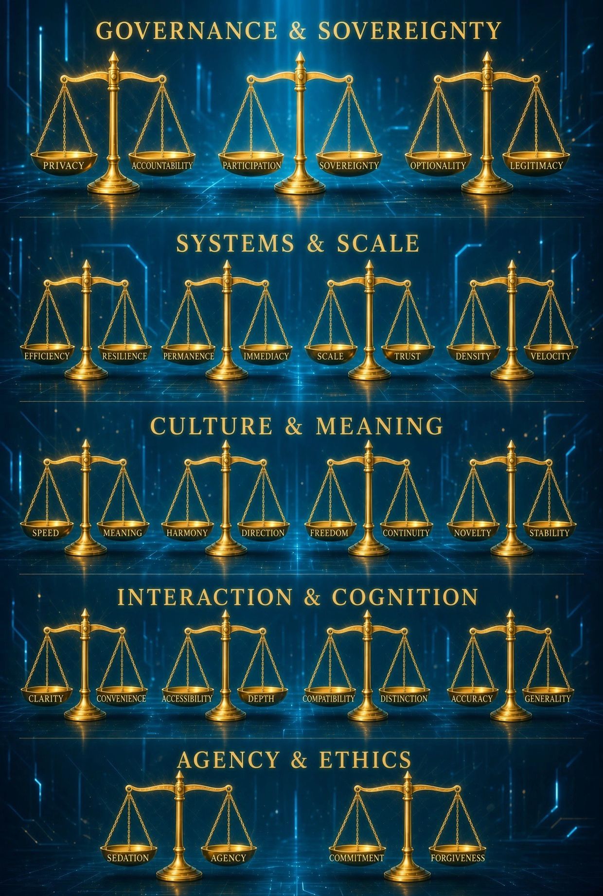 Golden balanced scales represent key societal values across five categories.
