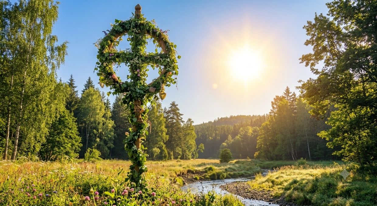 Midsummer pole decorated with greenery in a sunny meadow.