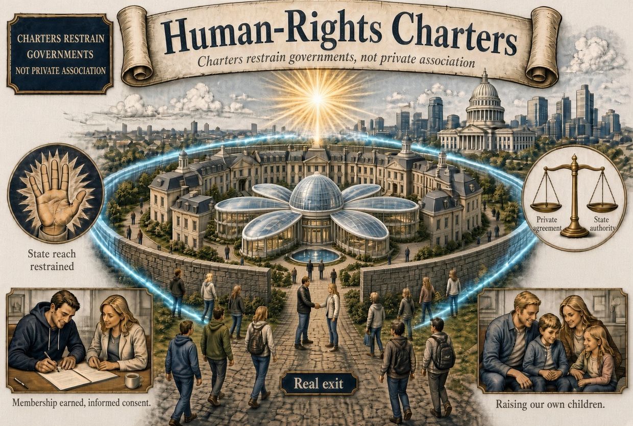 Illustration of human-rights charters restraining government reach, promoting private agreements and informed consent.