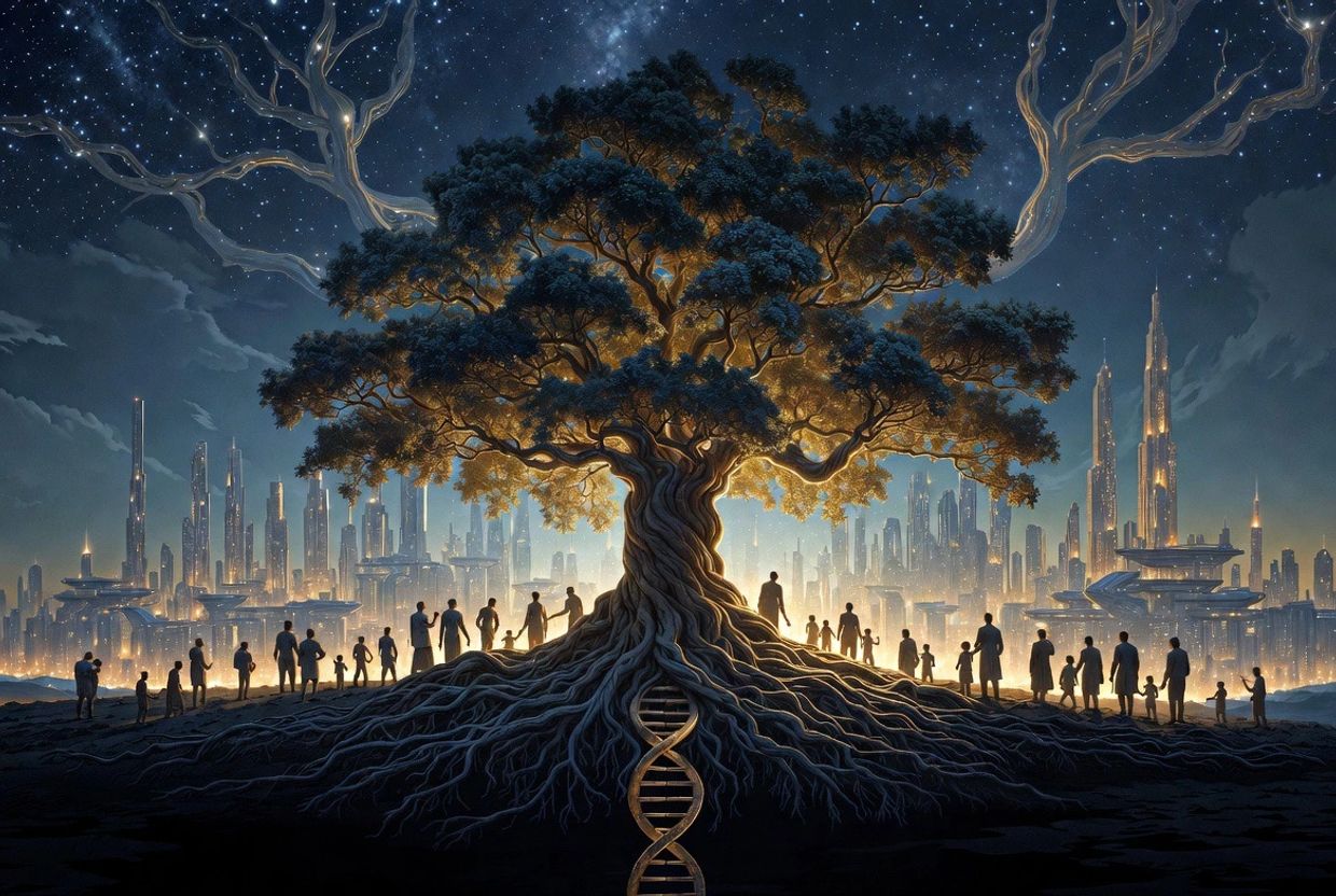 A glowing tree with DNA roots unites silhouetted people against a futuristic cityscape under a starry sky.