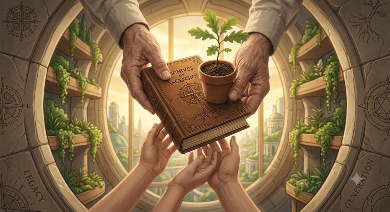 Hands passing a book and plant to younger hands in a garden room.