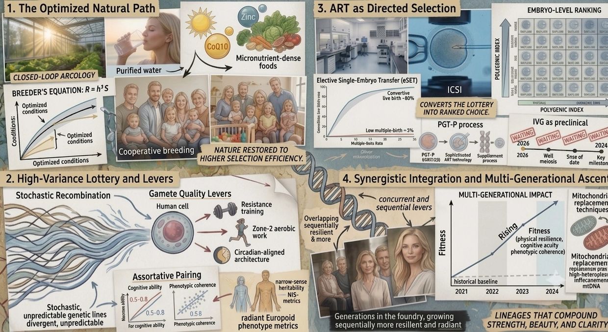 Infographic on optimized natural path, gamete quality, ART, and multi-generational ascent.