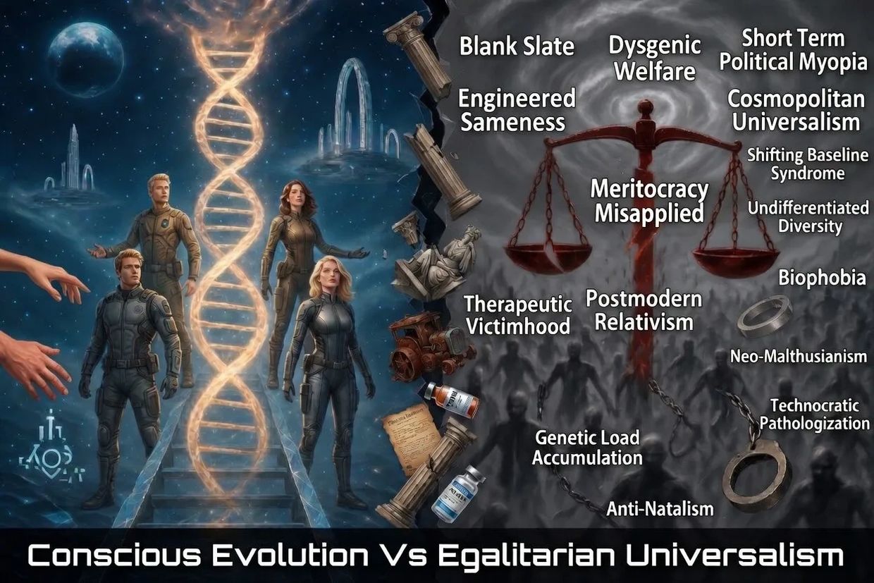 Contrast between conscious evolution and egalitarian universalism concepts.