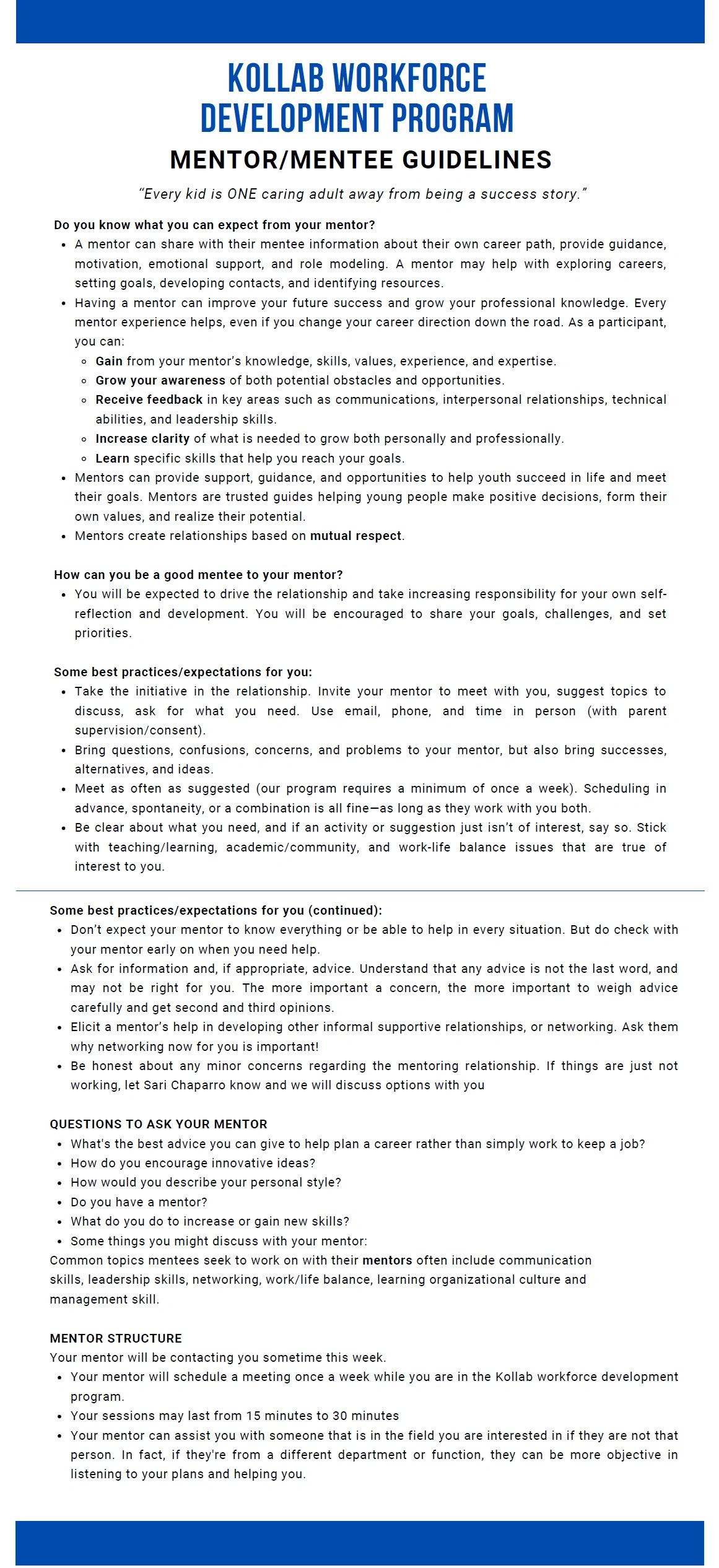 Mentor/Mentee guidelines for Kollab Workforce Development Program fostering career growth and mutual respect.
