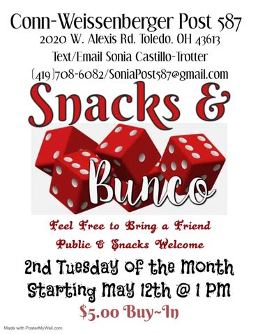 Flyer for Snacks &amp; Bunco event with contact details and date.