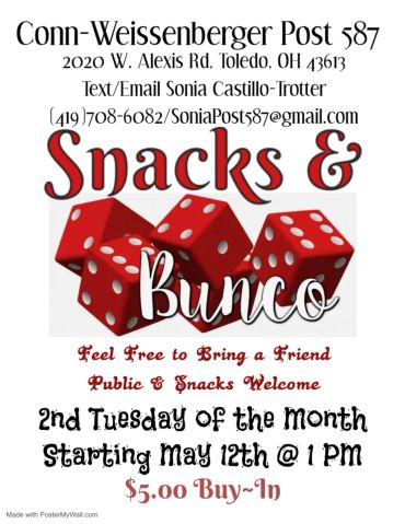Flyer for Snacks &amp; Bunco event with contact details and date.