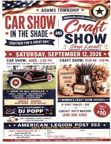 Flyer for Adams Township Car Show and Craft Show on September 12, 2026.