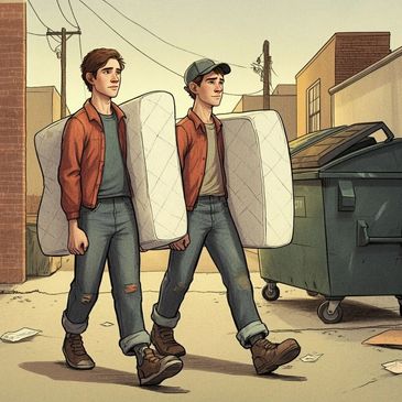 Two young men carrying mattresses walk down an alley beside a dumpster.