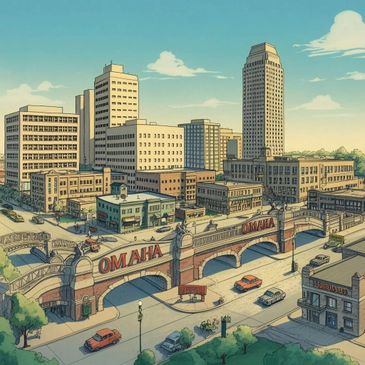 Illustrated cityscape of Omaha with vintage cars and prominent buildings under a clear sky.