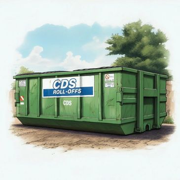 Large green CDS roll-off dumpster outdoors on a sunny day.
