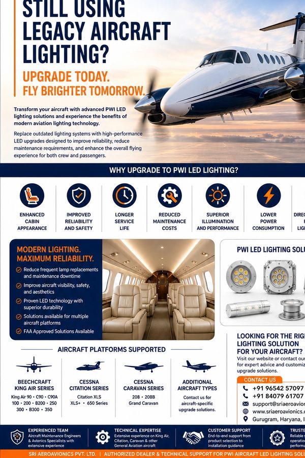 Advertisement for upgrading legacy aircraft lighting with PWI LED solutions by Sri Aeroavionics.