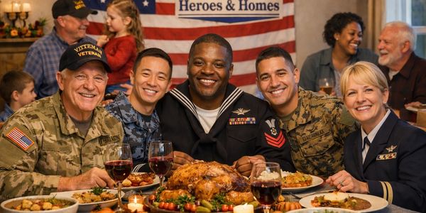 Diverse veterans enjoying a festive meal together with smiles and camaraderie.
