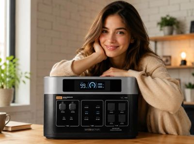 Smiling woman poses with a portable power station on a wooden table.