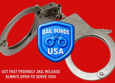 Handcuffs with a Bail Bonds USA badge on a red background.