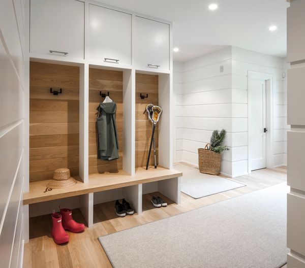 Mudroom Weston CT residence, bright white