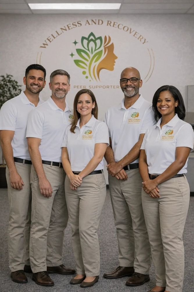 A diverse group of five professionals in matching uniforms smiling at the camera.