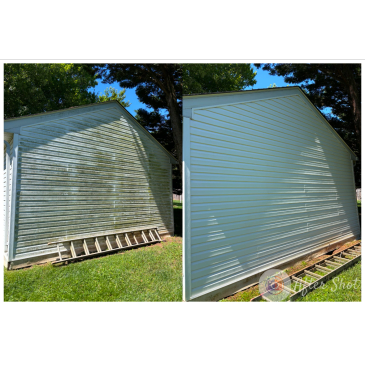 Side-by-side comparison of a house wall before and after cleaning.