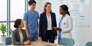 Healthcare professionals discussing patient care in a meeting.
