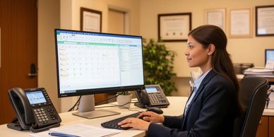 Woman working at a computer in an office.