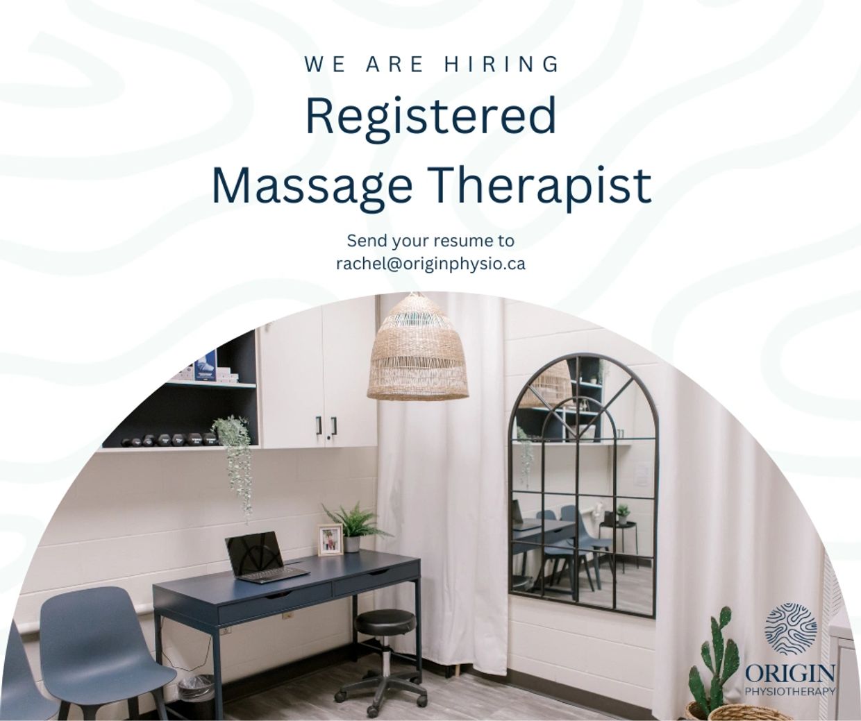 Hiring Registered Massage Therapist at Origin Physiotherapy, send resume to rachel@originphysio.ca.