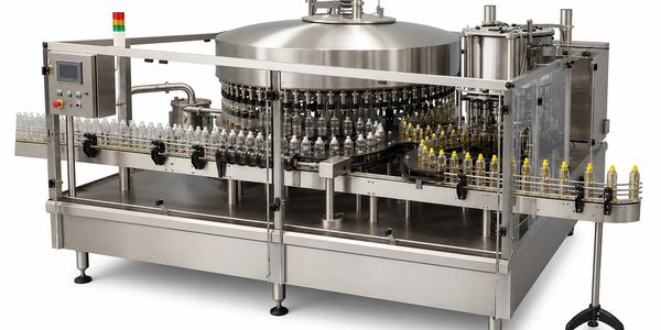 Industrial bottling machine with clear bottles.