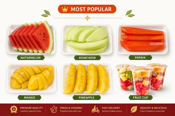 Popular fresh fruit selections including watermelon, honeydew, papaya, mango, pineapple, and fruit cups.