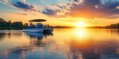 Boat on calm water at sunset.