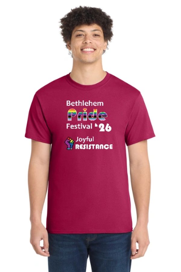 Man wearing a maroon Bethlehem Pride Festival '26 t-shirt with joyful resistance design.