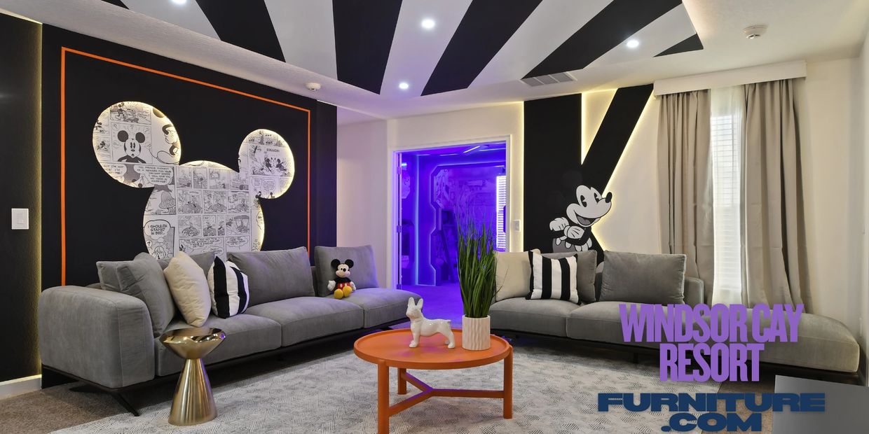 Mickey Mouse Disney-themed living room and custom furniture packages in Windsor Cay Resort vacation home