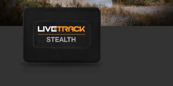 A black LiveTrack Stealth GPS tracking device with logo.