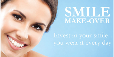 Smiling woman promoting smile makeover with the message to invest in your smile.