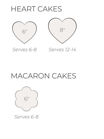 Illustration of heart and macaron cake sizes with serving capacities.