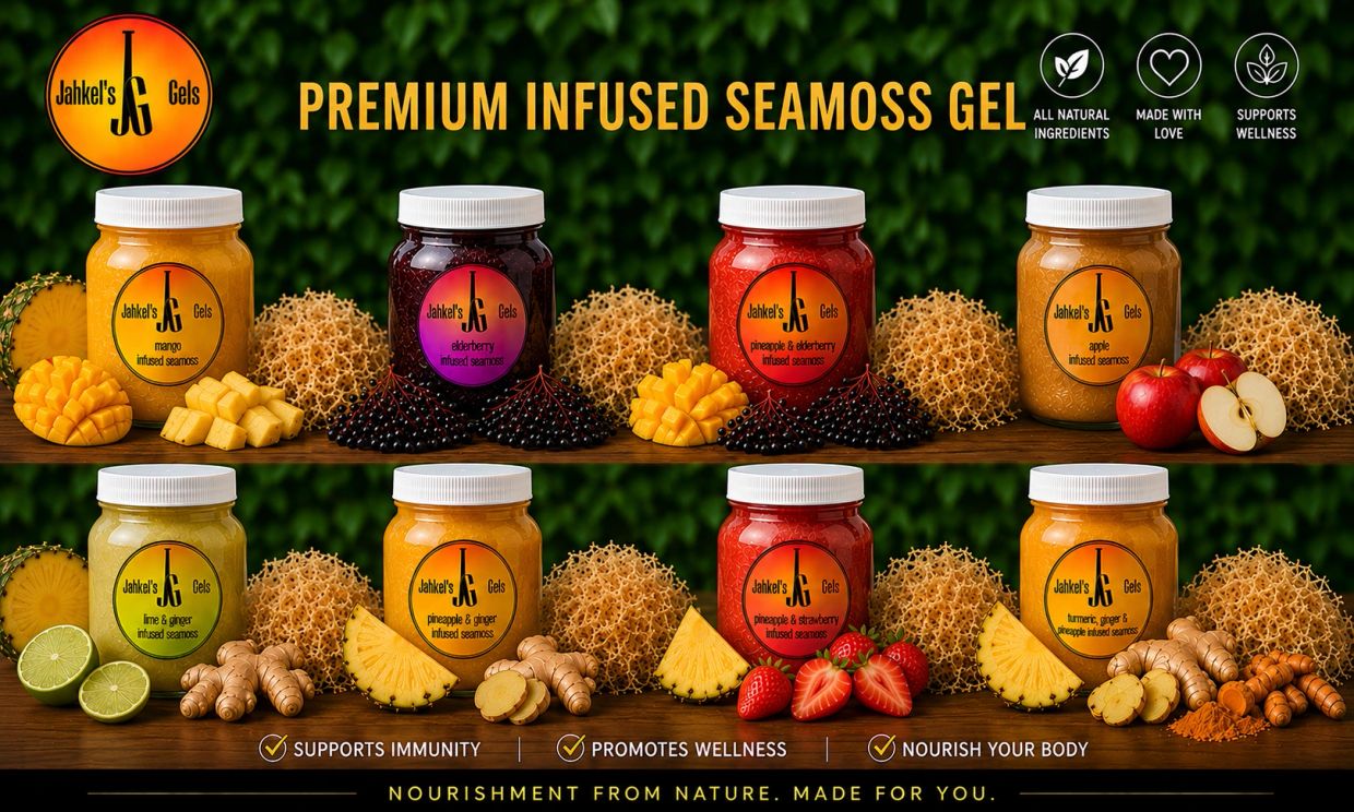 Jahkel's Gels premium infused seamoss gel varieties.