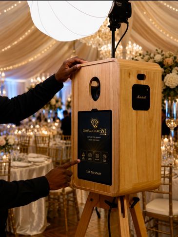 Person operating a wooden photo booth at an elegant event venue.