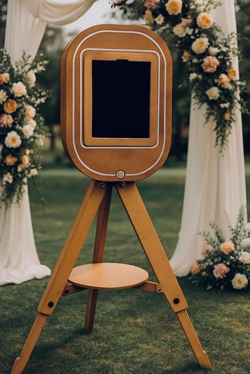 Vintage photo booth stand set up outdoors with floral decorations in Llanelli and swansea