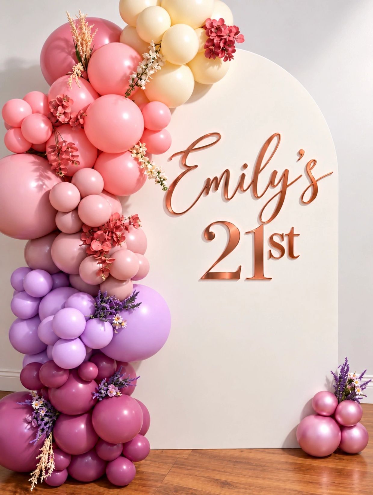 Bespoke pink, lilac and cream birthday balloon arch being styled with floral decorations and a perso