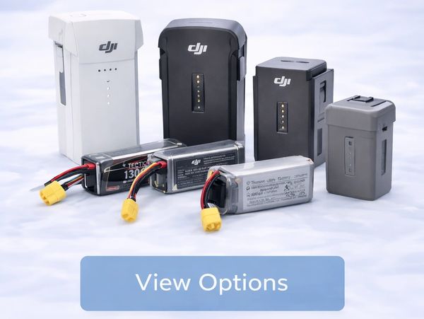 Various DJI drone batteries displayed on a white surface with a 'View Options' button below.