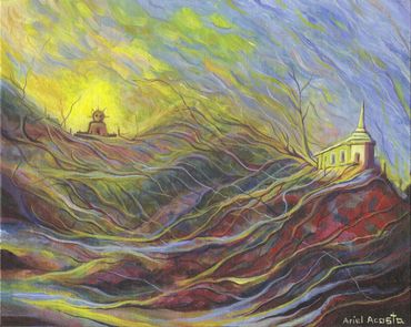 Surreal landscape with flowing lines and two temple-like structures on hills.