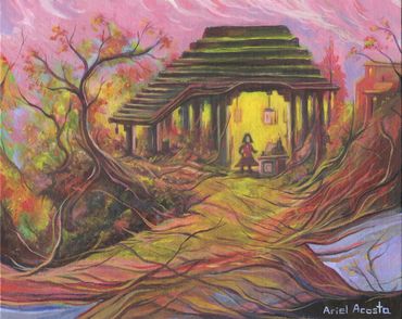A colorful painting of a rustic house surrounded by vibrant trees under a pink sky.