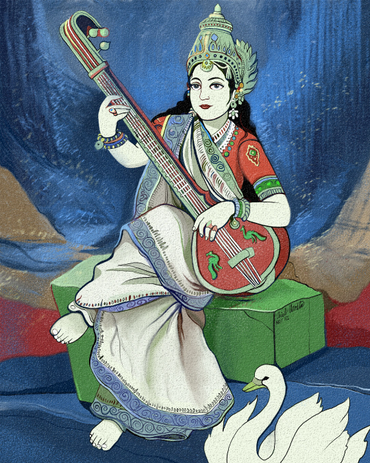 Painting of a woman playing a traditional string instrument with swans nearby.