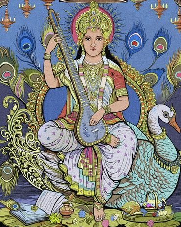 Artistic depiction of a goddess playing a veena, seated on a swan.