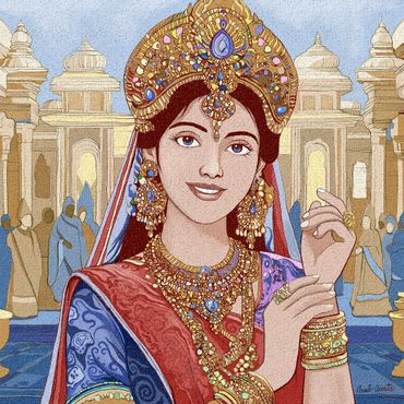 A regal woman adorned in traditional royal jewelry and attire stands before a grand palace.
