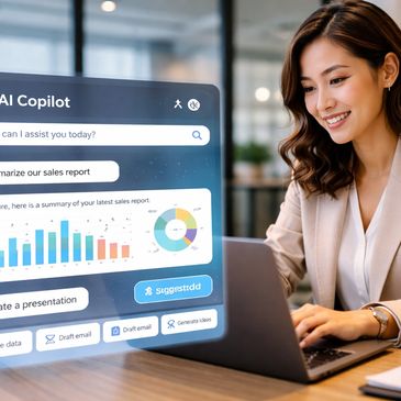 Woman using AI Copilot on laptop for sales report summary and presentation.