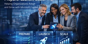 Business team collaborates using Microsoft Copilot for preparing, launching, and scaling projects.