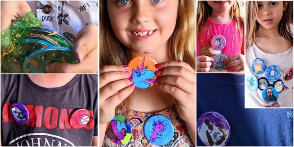 collage of kids showing designed buttons