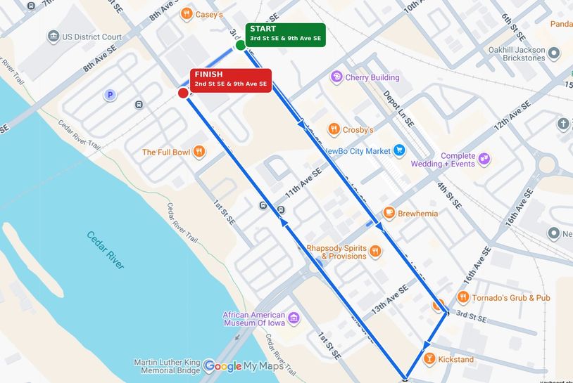 Map showing a route from 3rd St SE &amp; 9th Ave SE to 2nd St SE &amp; 9th Ave SE.