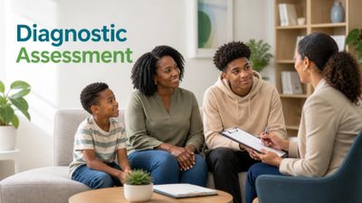 Family participating in a diagnostic assessment session with a professional.
