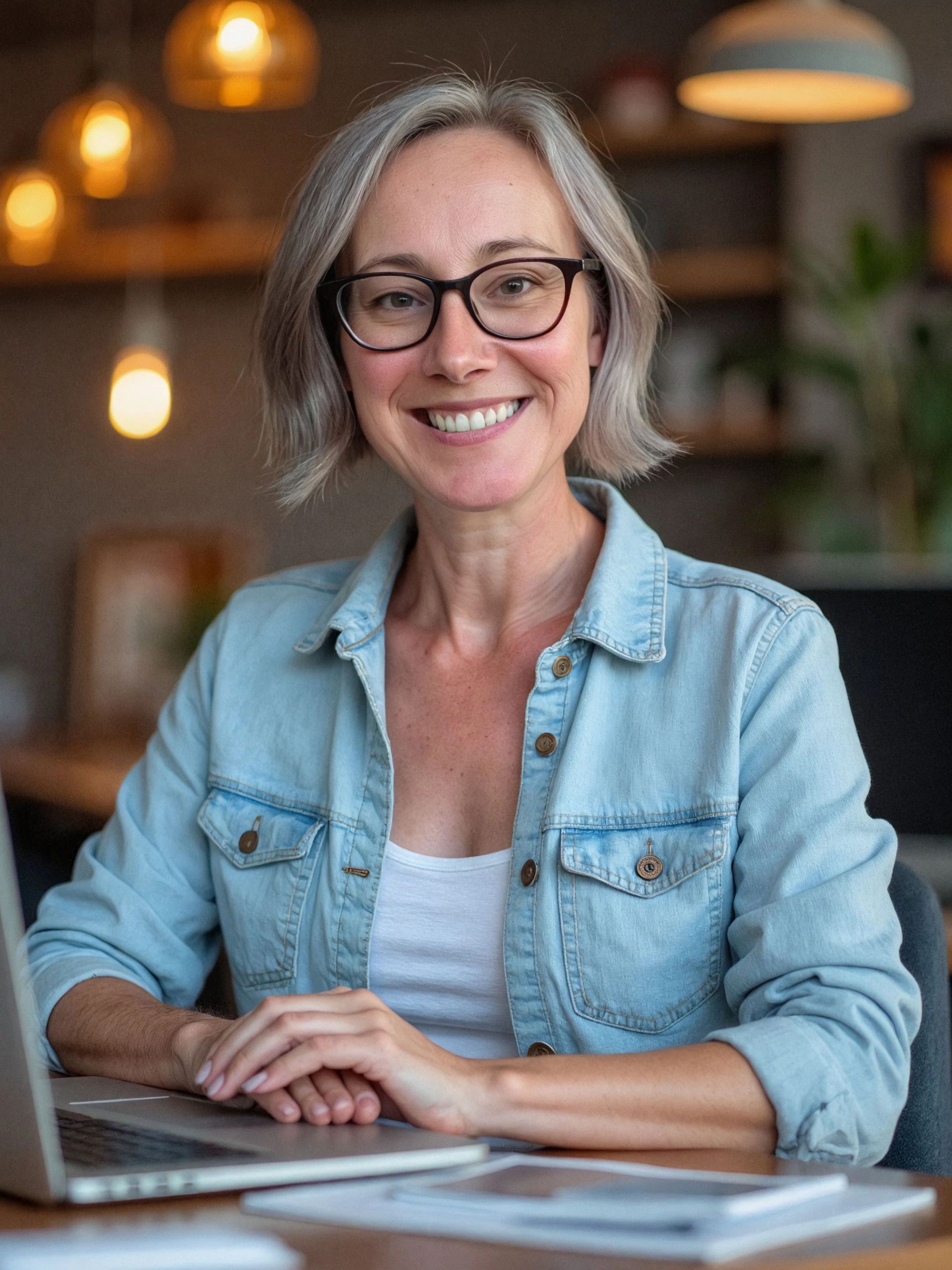 Smiling woman in glasses and denim jacket indoors.