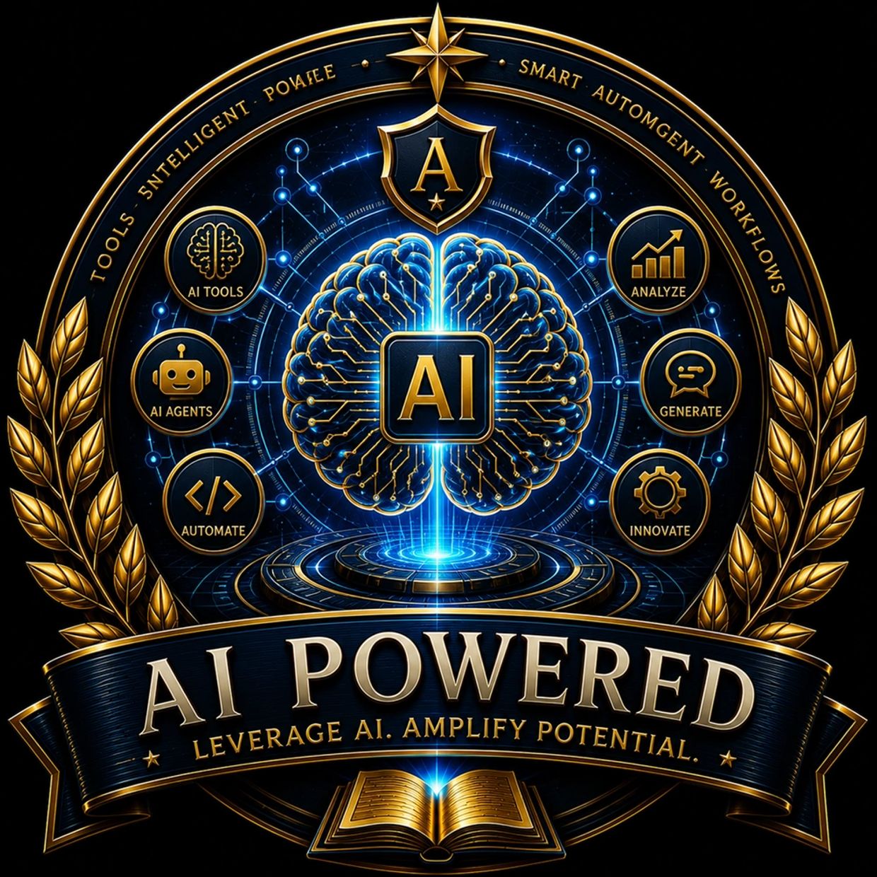Elegant emblem showcasing AI-powered tools and workflows with a glowing brain and gold accents.